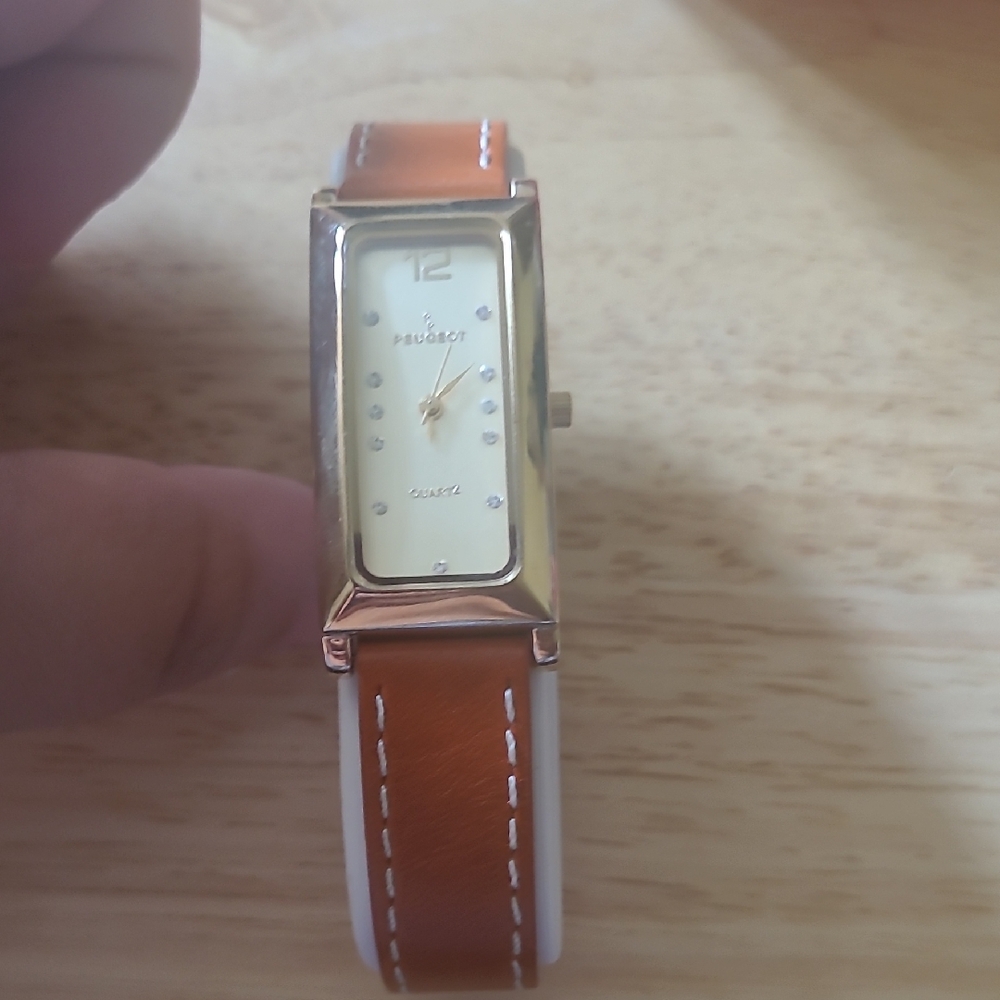 Peugeot Gold Watch with Tan Leather Strap